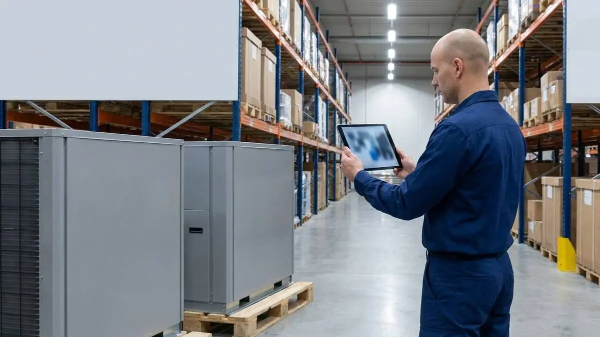 Technician comparing heat pump units in a supply warehouse