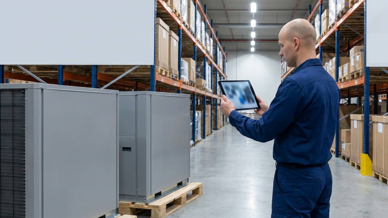 HVAC technician comparing two outdoor heat pump units in a supply warehouse aisle while consulting a tablet