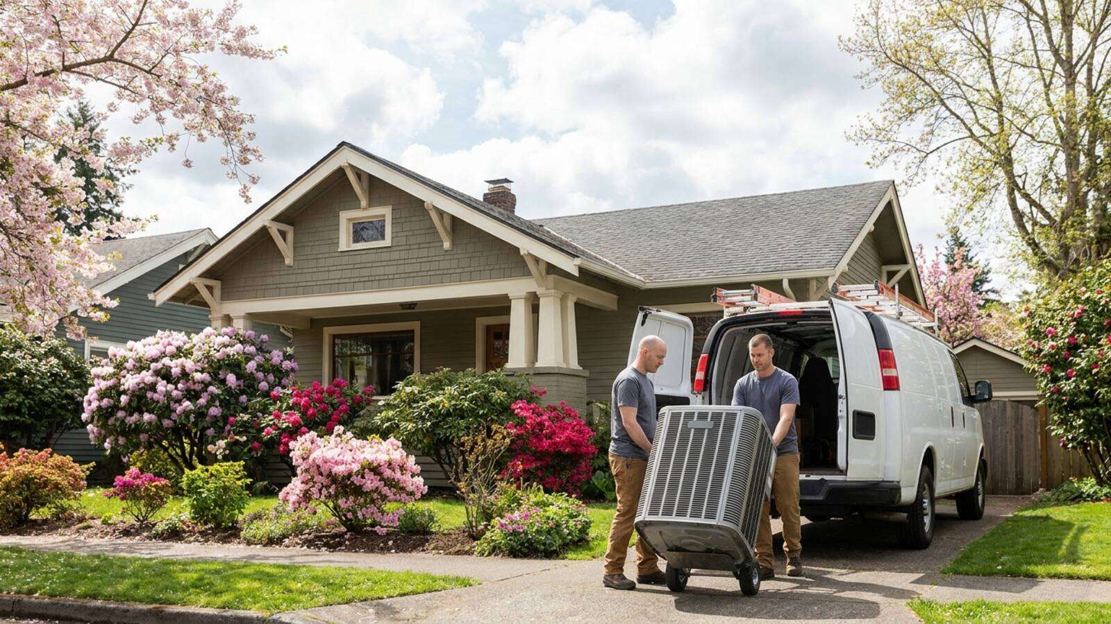 HVAC installers carrying a new outdoor heat pump unit to a Pacific Northwest home on a mild spring day