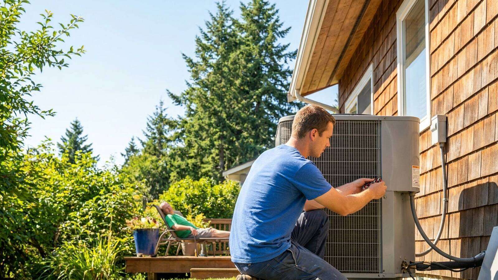 Outdoor central air conditioner condenser unit beside a Pacific Northwest home on a sunny summer day, installer making final connections while homeowner relaxes on the deck