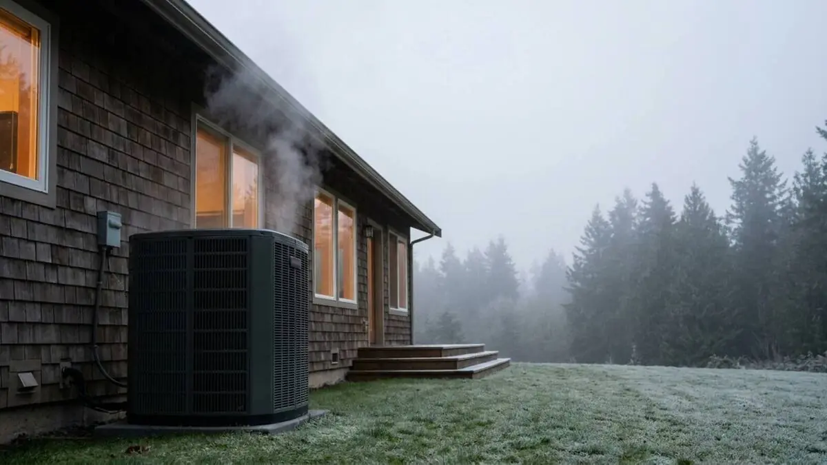 Heat pump running beside a home on a frosty Pacific Northwest morning