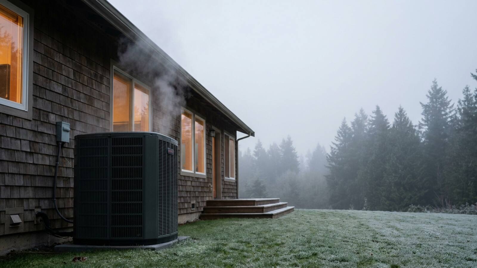 Outdoor heat pump unit running beside a home on a frosty misty Pacific Northwest morning with evergreens in fog