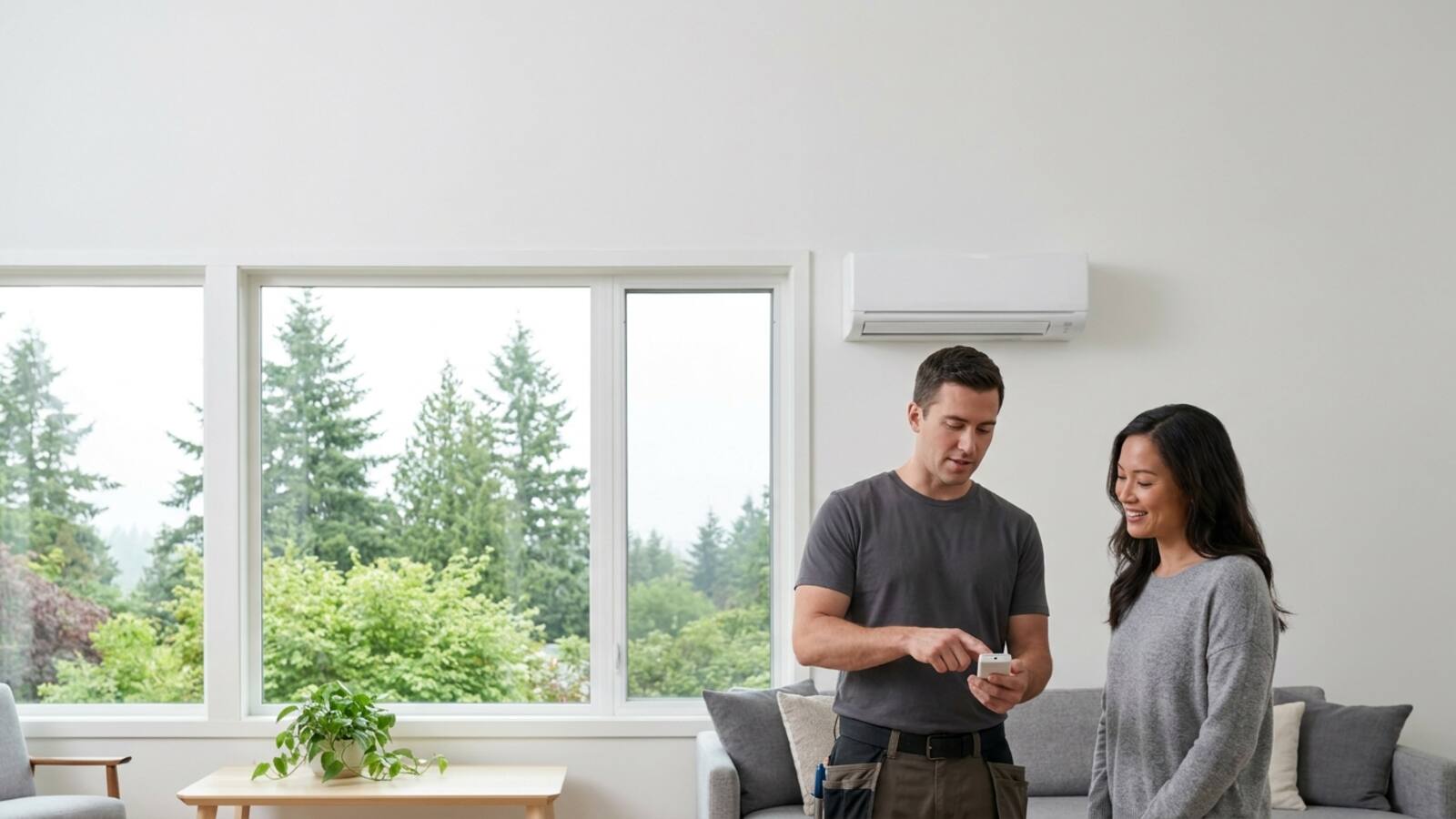 HVAC installer showing a homeowner the remote control of a newly installed wall-mounted ductless mini-split in a bright modern living room