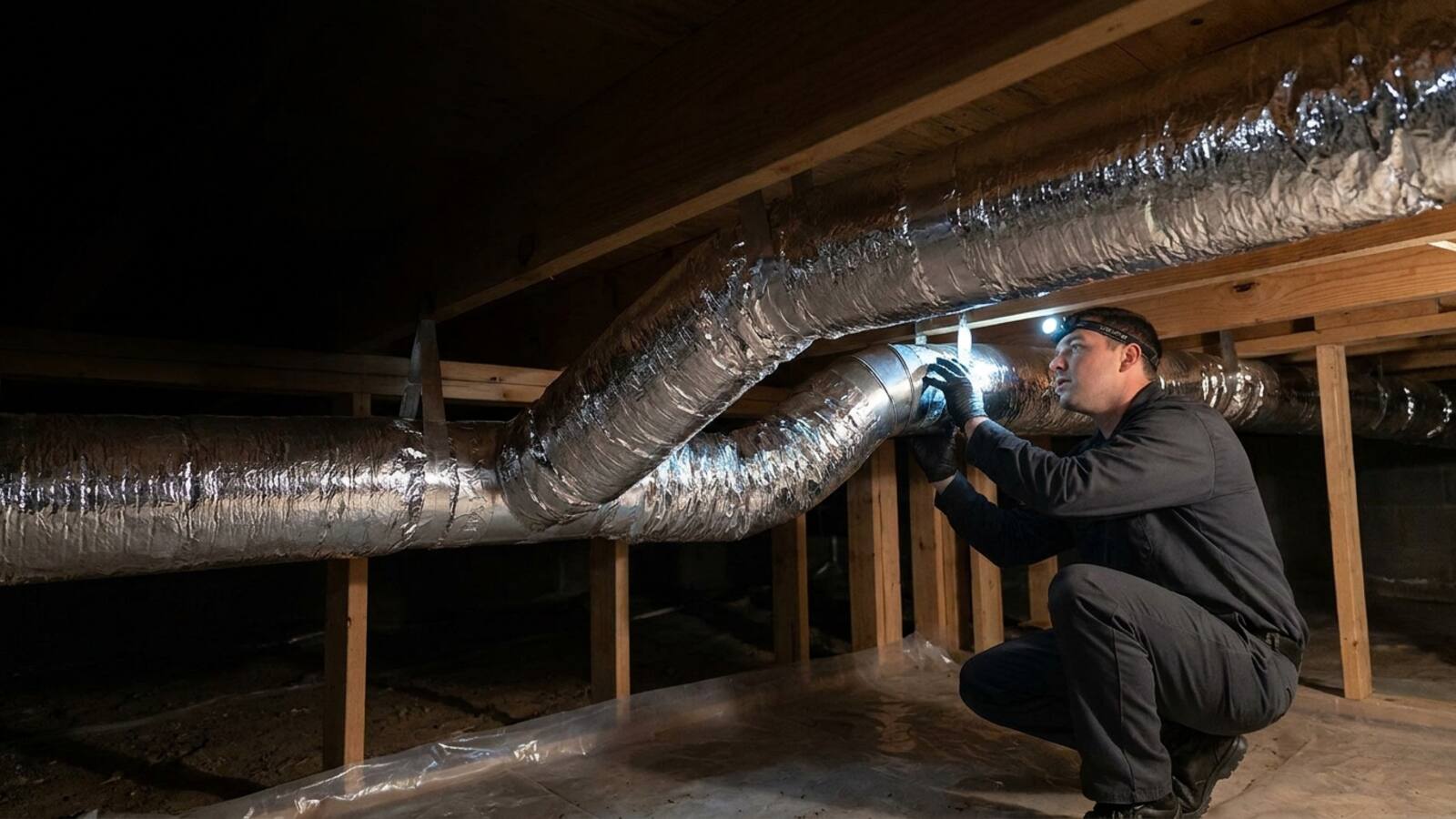 Newly installed insulated sheet metal ductwork in a Pacific Northwest home crawlspace with a technician inspecting sealed duct connections by headlamp