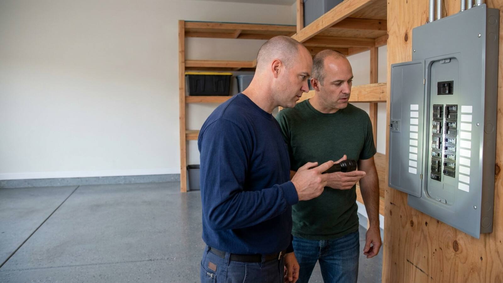 Electrician and homeowner reviewing an open residential electrical panel in a garage with a flashlight