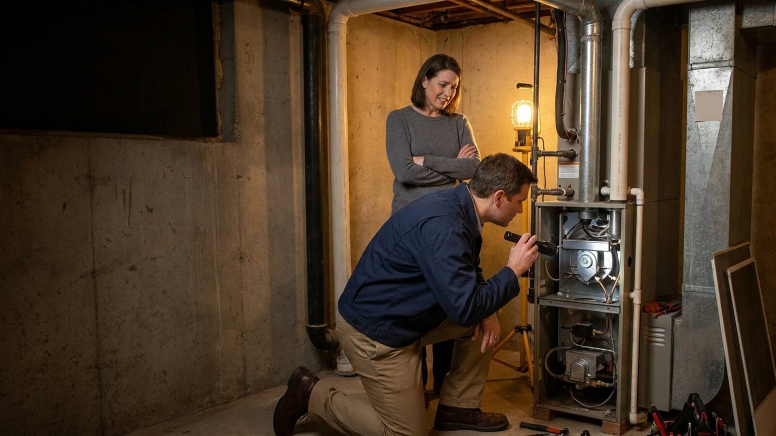 HVAC technician inspecting a gas furnace with a flashlight in a basement utility area while a homeowner looks on