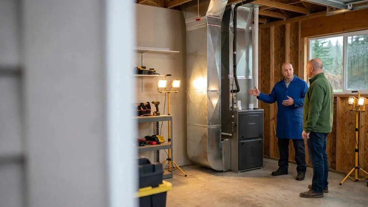 HVAC installer showing a homeowner a newly installed gas furnace in a Pacific Northwest home garage utility space