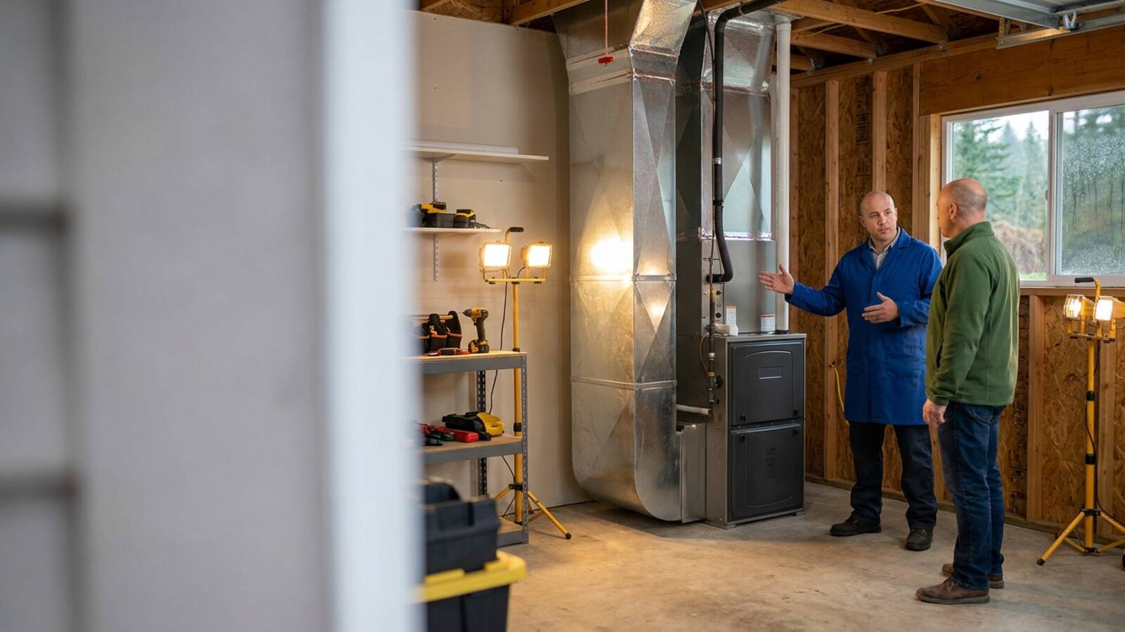 HVAC installer showing a homeowner a newly installed gas furnace in a Pacific Northwest home garage utility space