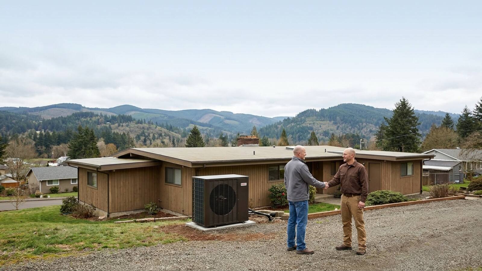 New outdoor heat pump unit beside a rambler-style home in an Auburn valley neighborhood, installer and homeowner shaking hands in the driveway with foothills in the background