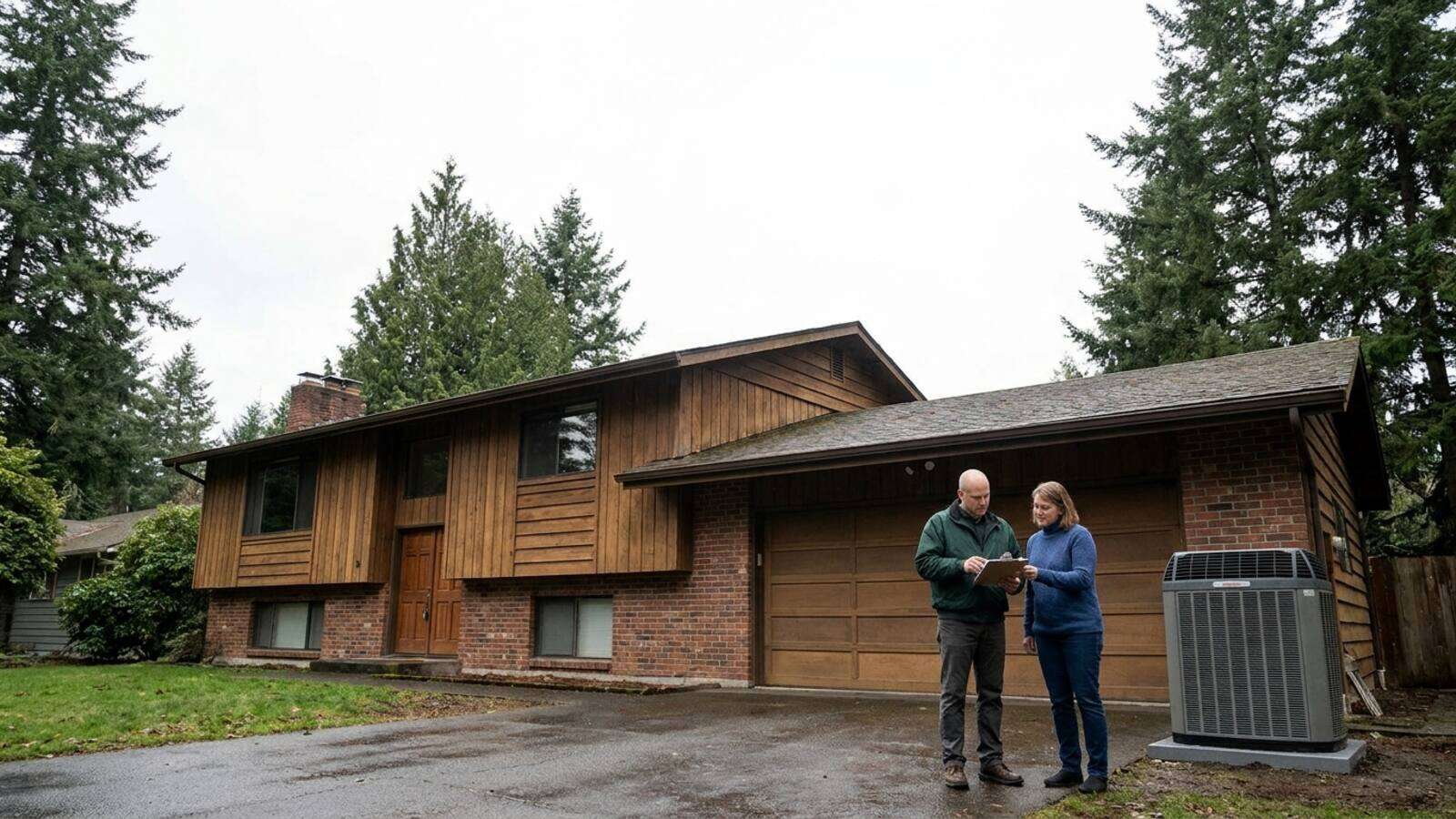 Newly installed outdoor heat pump unit beside a 1980s split-level home in Federal Way with an installer reviewing paperwork with the homeowner in the driveway