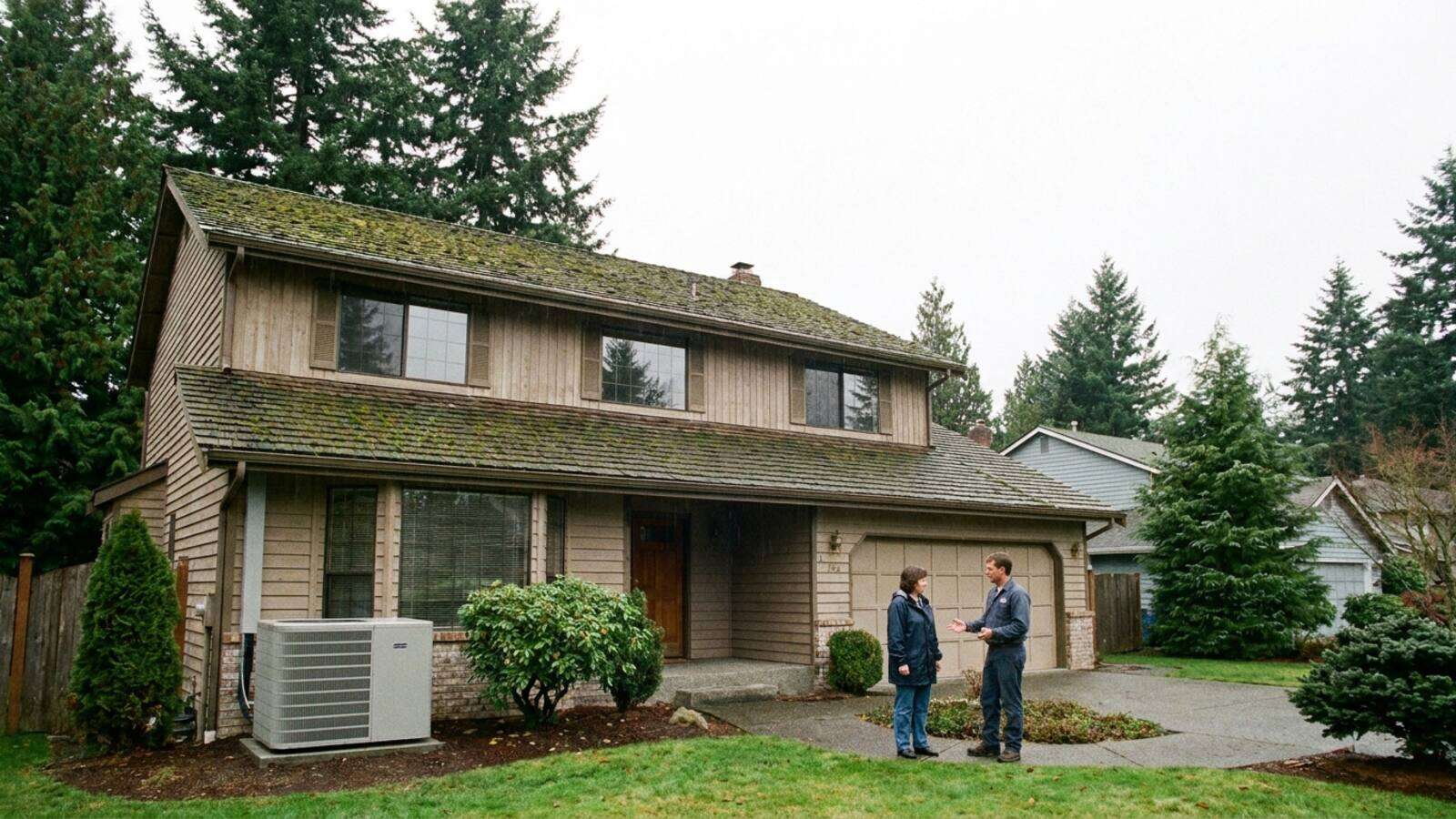 New outdoor heat pump unit beside a two-story suburban home in Kent with an installer talking to the homeowner on the front walkway