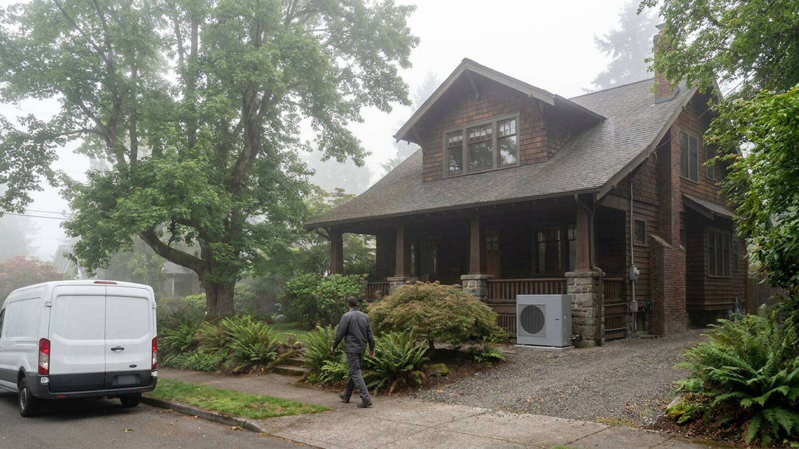 New outdoor heat pump unit beside a craftsman home with mature trees in an established Olympia neighborhood, installer walking to work van in misty Pacific Northwest morning light
