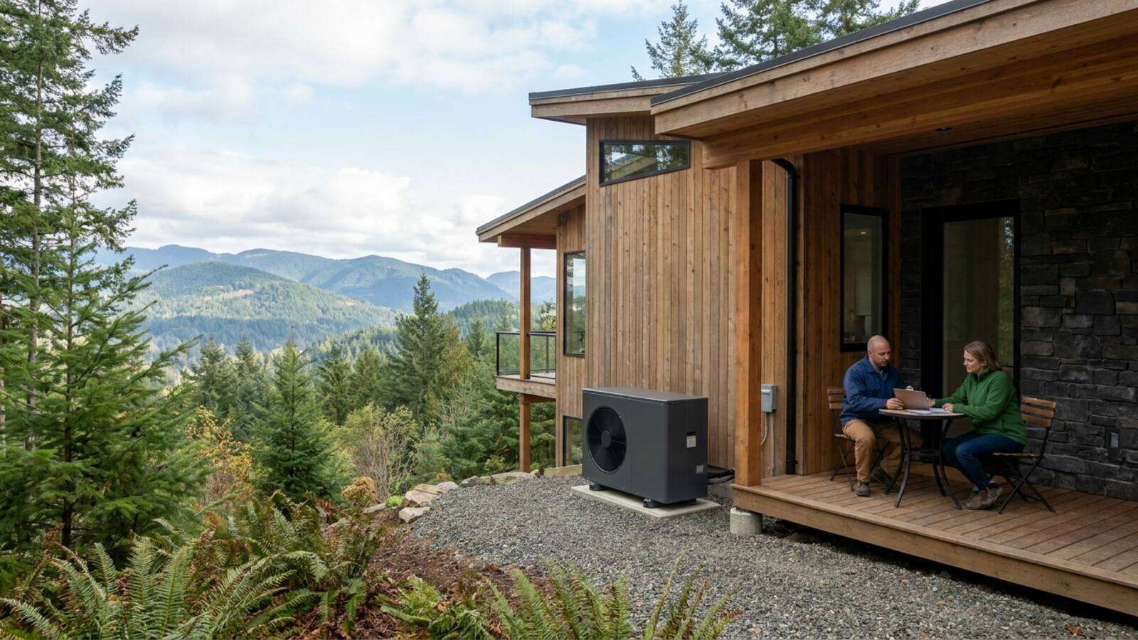 New outdoor heat pump unit on a side pad at a hillside Renton home with territorial view, installer completing paperwork with homeowner on the porch