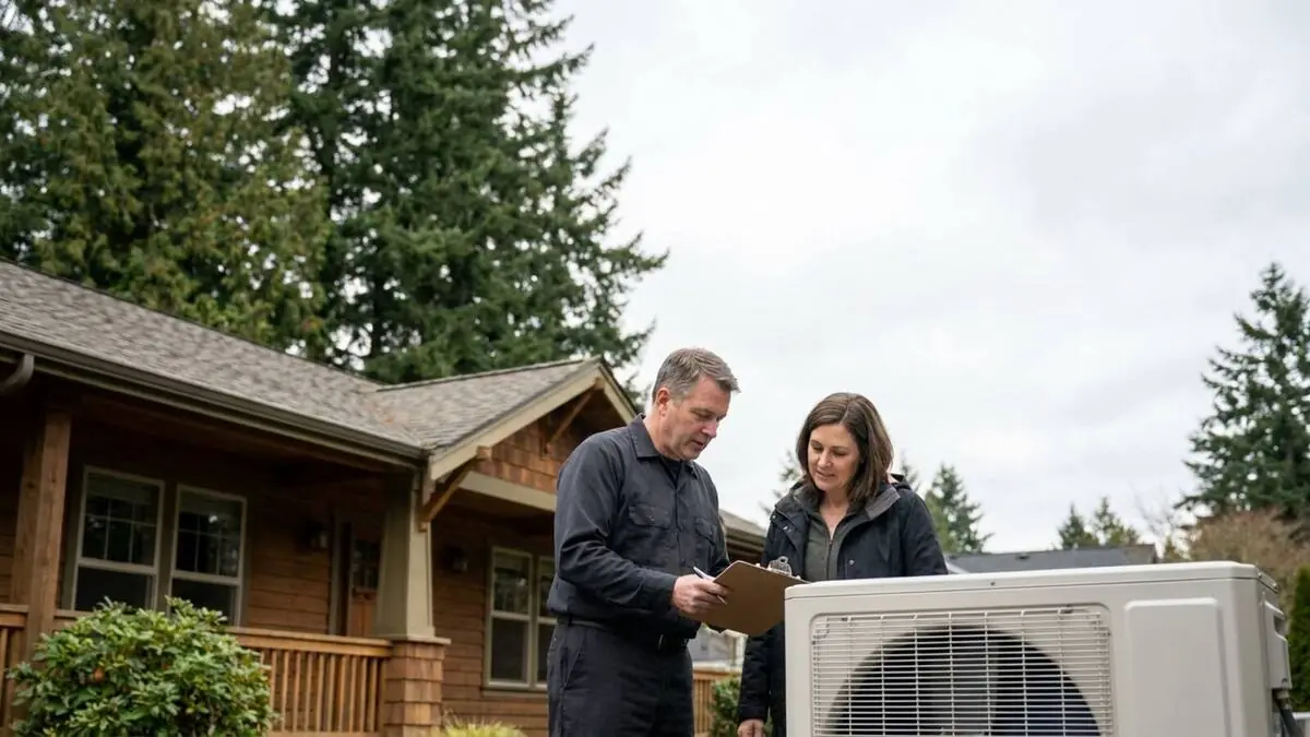Installer reviewing a heat pump estimate with a homeowner beside a new outdoor unit