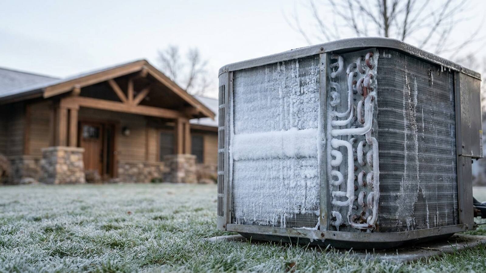 Outdoor heat pump unit with visible frost and ice buildup on the coil on a cold Pacific Northwest morning