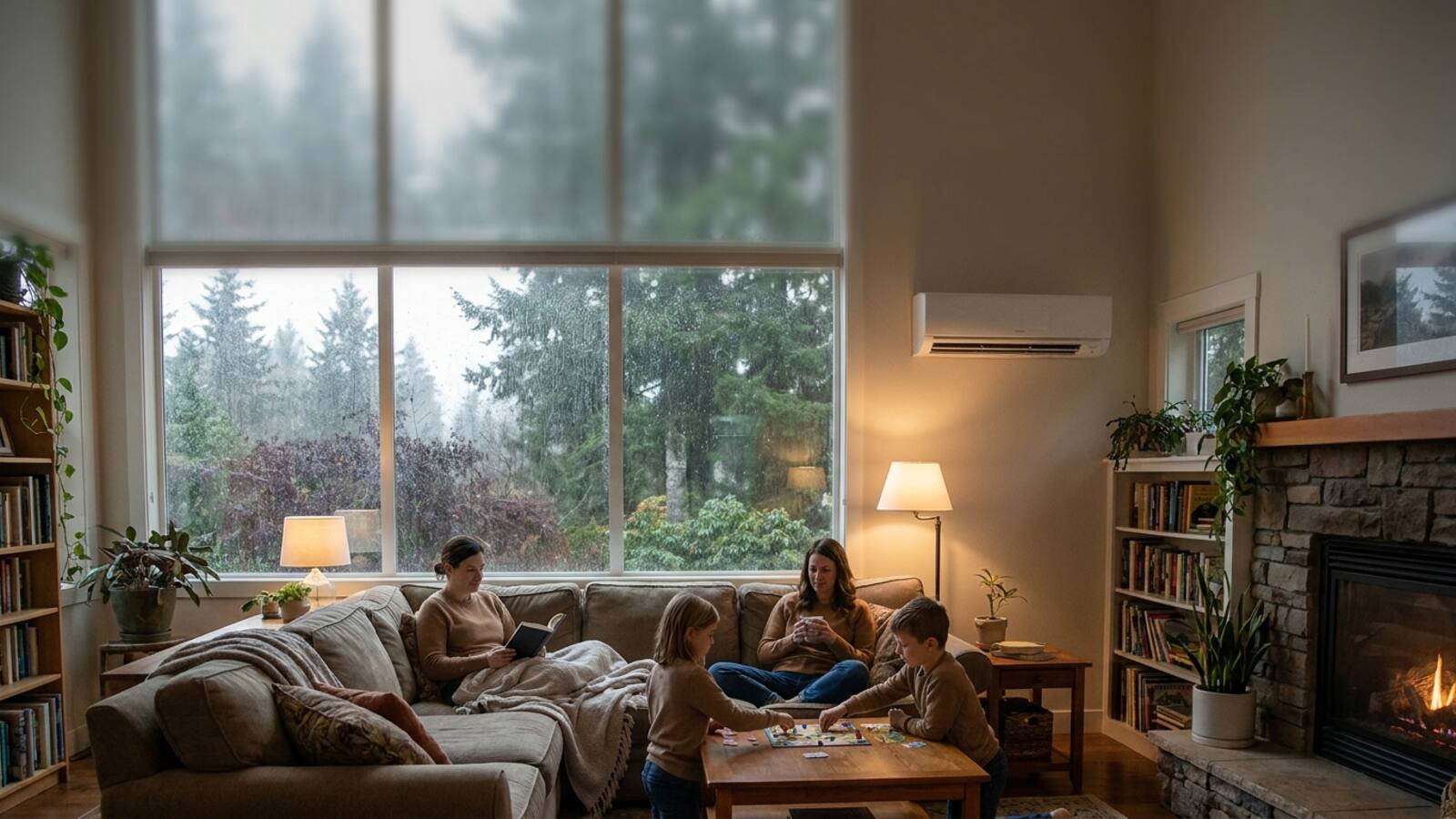 Cozy Pacific Northwest living room with rain on the windows and a wall-mounted mini-split head keeping the room warm and dry