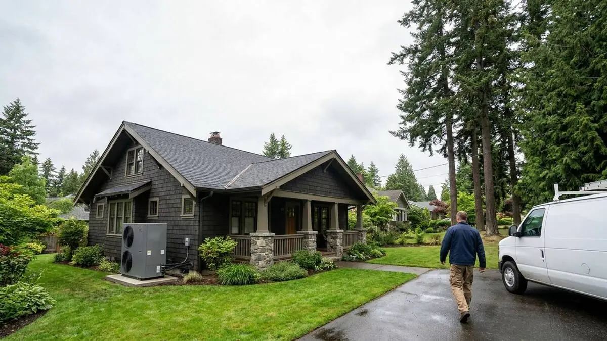 New heat pump installed beside a classic craftsman home in a Tacoma neighborhood
