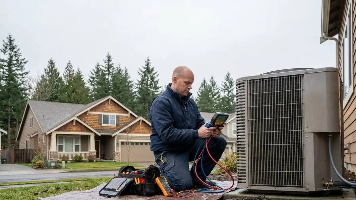 Technician diagnosing an outdoor heat pump unit with gauges