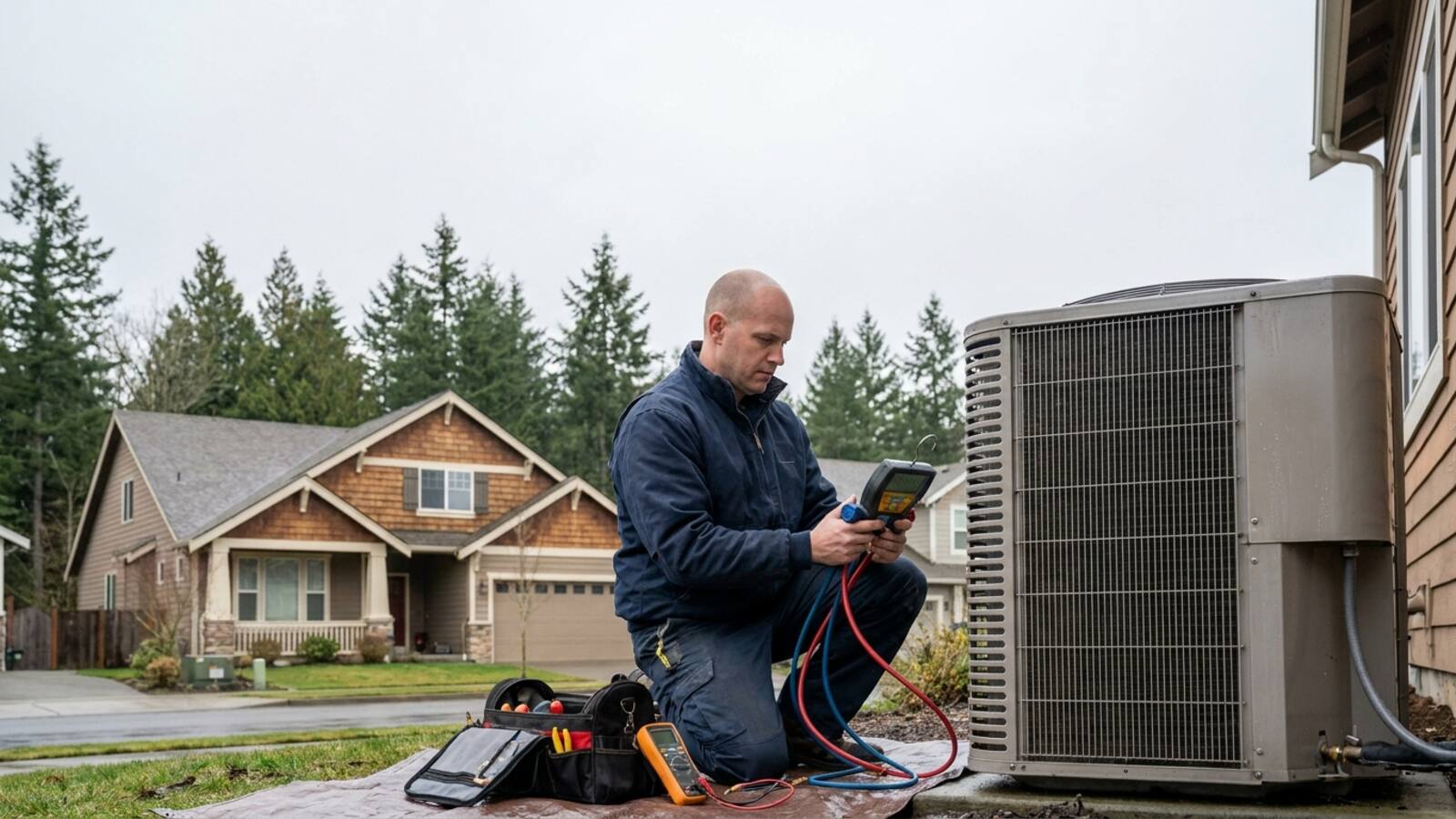 HVAC technician kneeling beside an outdoor heat pump unit with diagnostic gauges attached, troubleshooting on an overcast Pacific Northwest day
