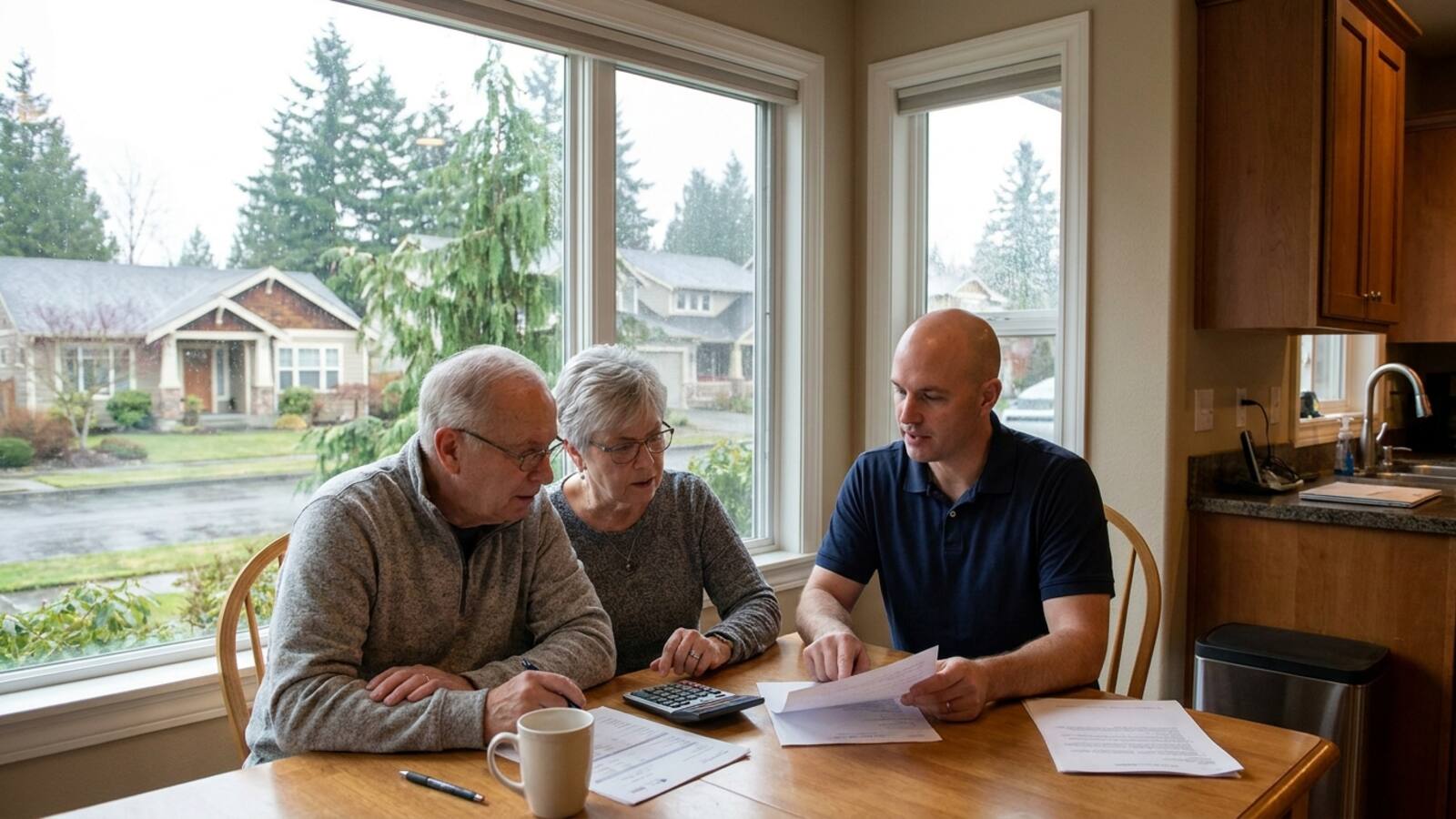Homeowner couple reviewing utility rebate paperwork with an HVAC contractor at a kitchen table