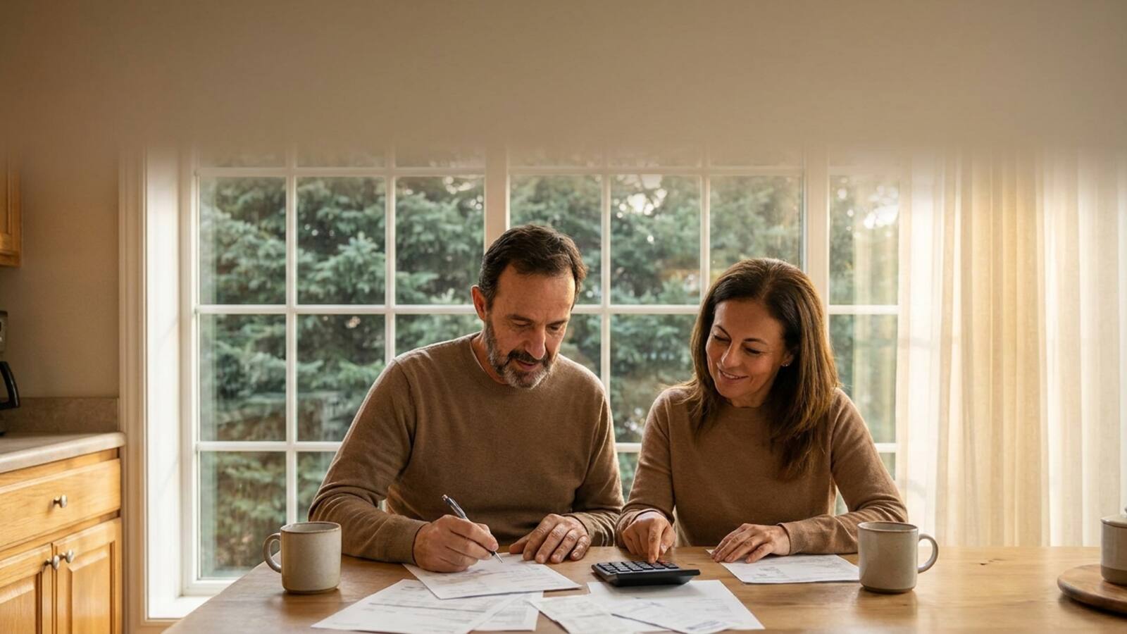 Homeowner couple reviewing paperwork and a calculator at their kitchen table while discussing heat pump rebate options