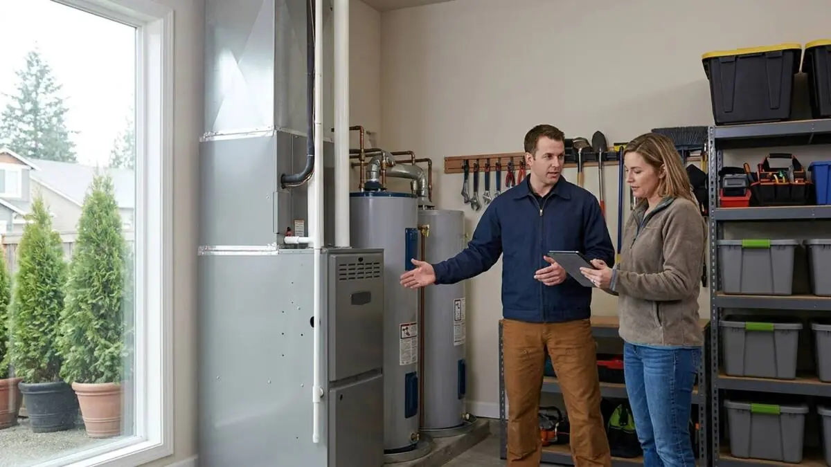 Technician explaining heating options to a homeowner beside a gas furnace
