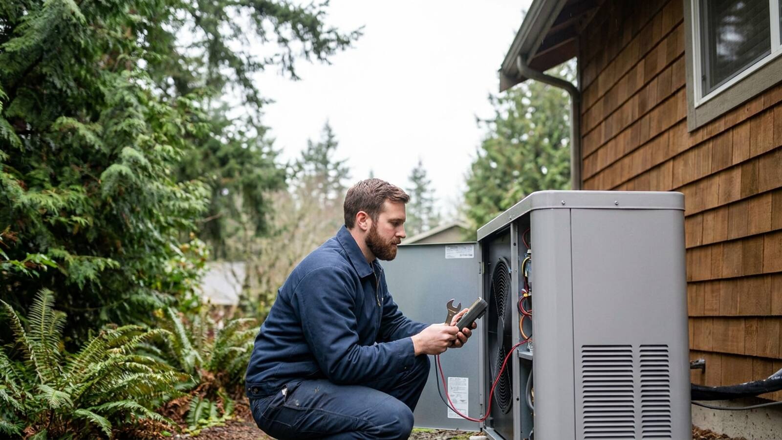 Technician performing maintenance on an outdoor heat pump unit with the access panel open beside a Pacific Northwest home