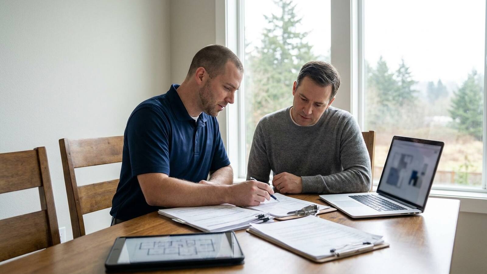HVAC contractor reviewing permit paperwork with a homeowner at a dining table