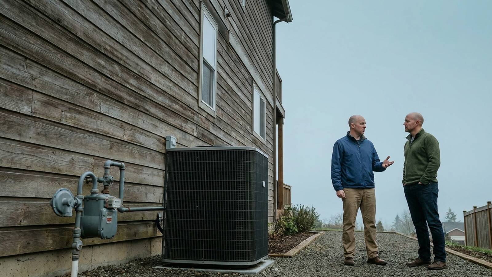 Technician explaining an outdoor heat pump unit and gas meter to a homeowner outside a Pacific Northwest home
