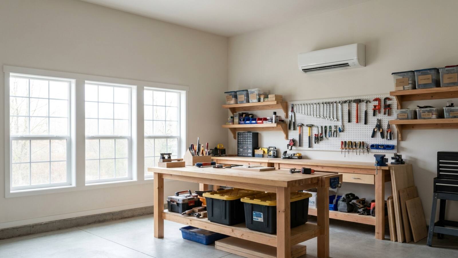 Converted garage workshop with a wall-mounted ductless mini-split indoor unit above a clean, organized workbench
