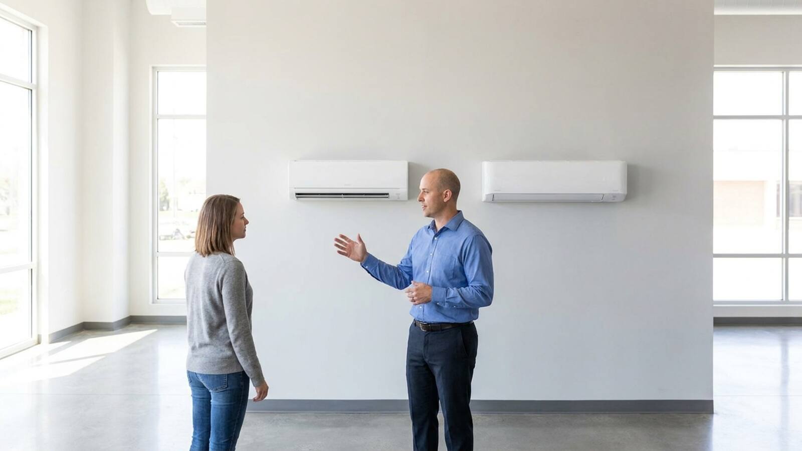 Two wall-mounted ductless mini-split indoor units displayed side by side in a bright showroom-style space while a technician explains the difference to a homeowner
