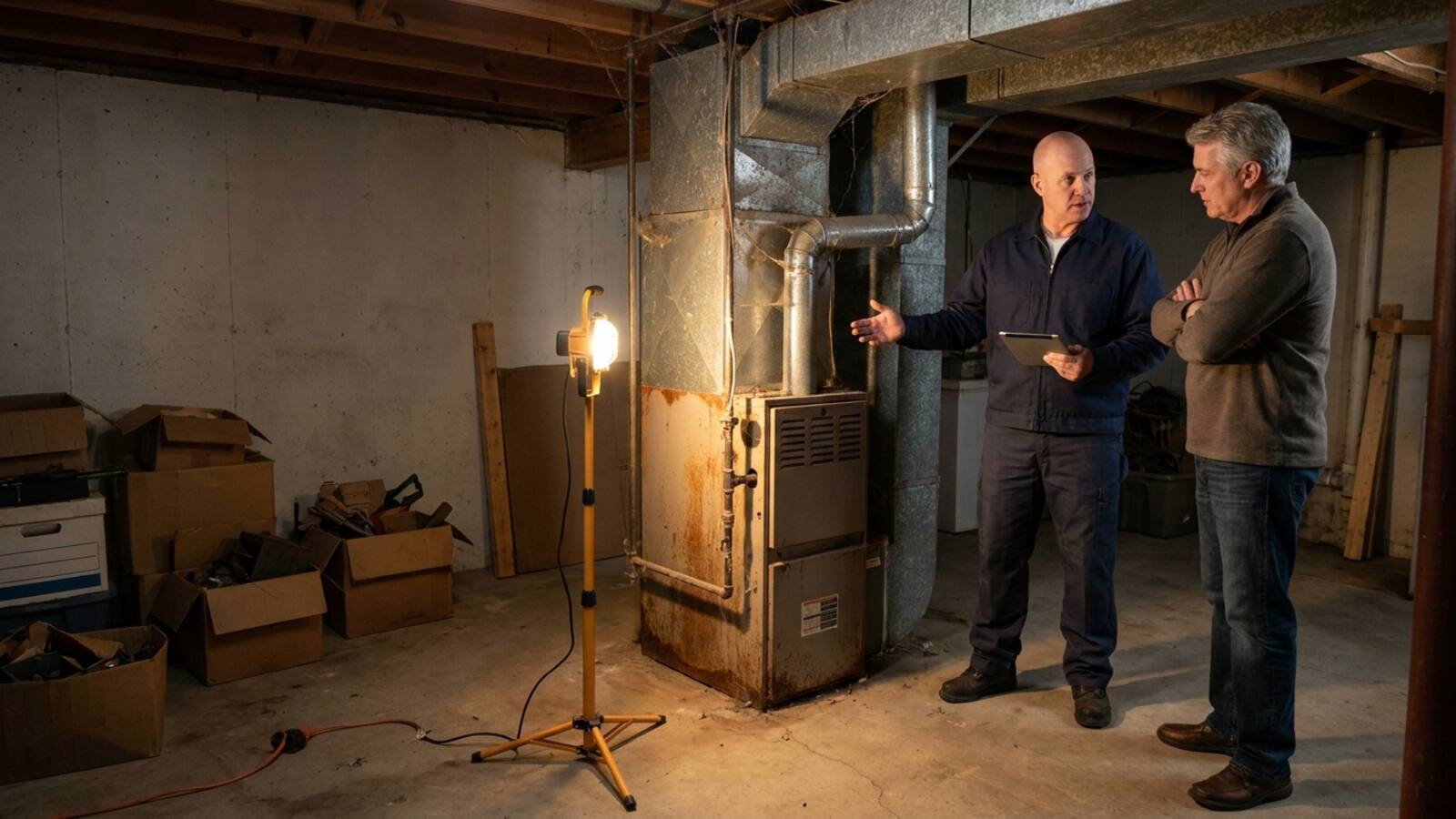 HVAC contractor and homeowner discussing replacement options beside an aging gas furnace in a basement utility area