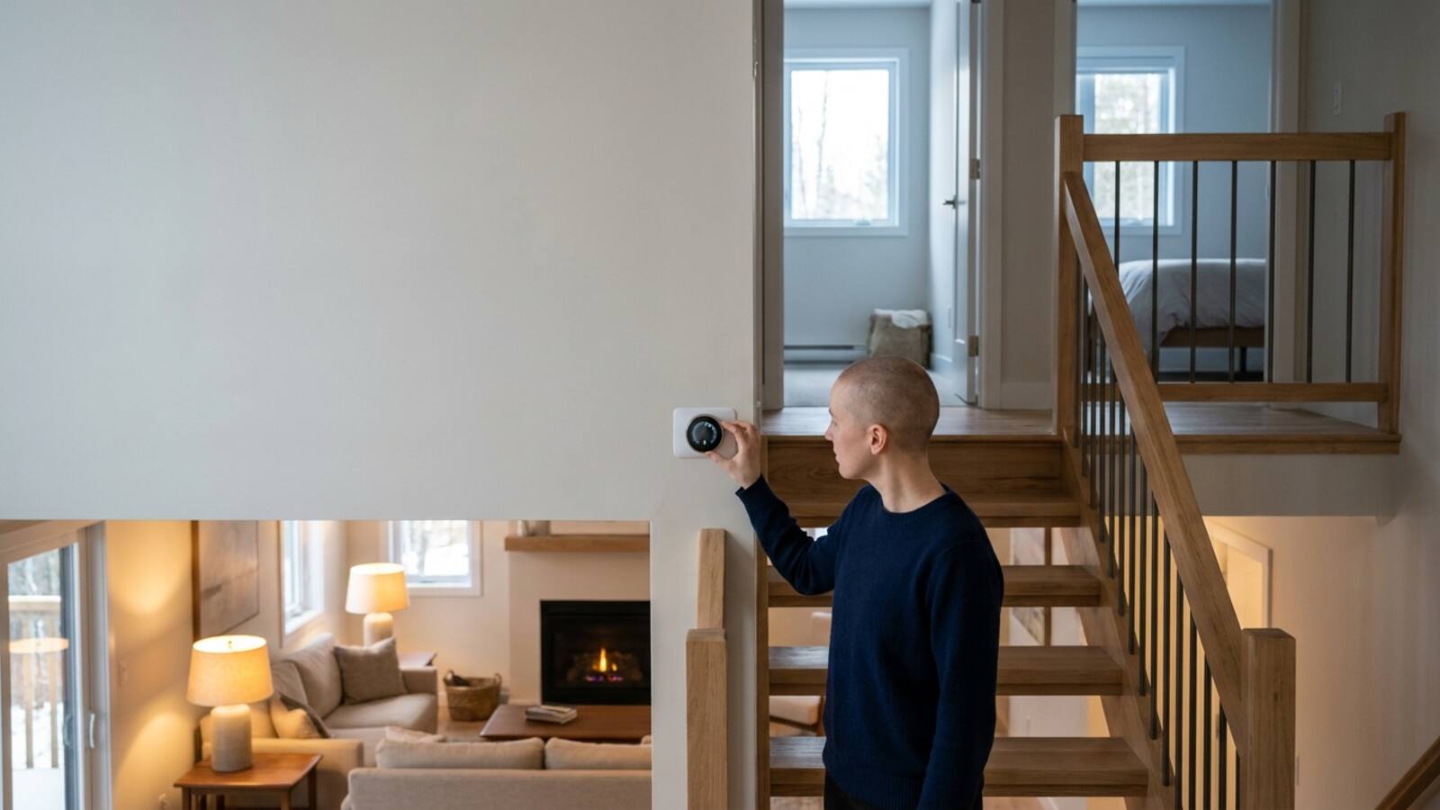 Homeowner adjusting a wall thermostat on a staircase landing in a two-story Puget Sound home, warm lighting upstairs and cooler lighting downstairs