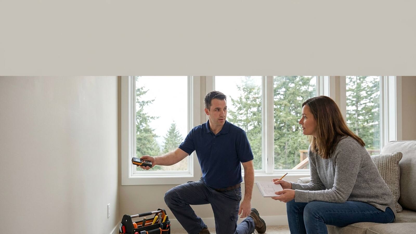 HVAC technician measuring a living room with a laser measure while a homeowner watches during a heat pump sizing visit