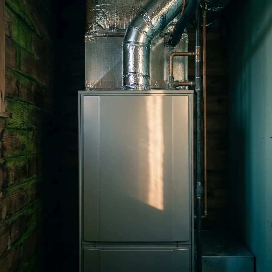 Clean modern gas furnace in a tidy home utility room