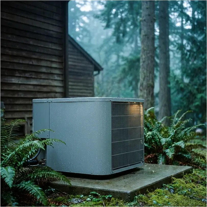 Heat pump outdoor unit on a concrete pad beside a Pacific Northwest home