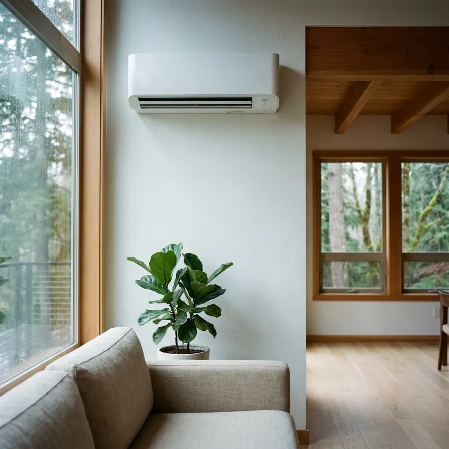 Ductless mini-split head on the wall of a bright Pacific Northwest living room