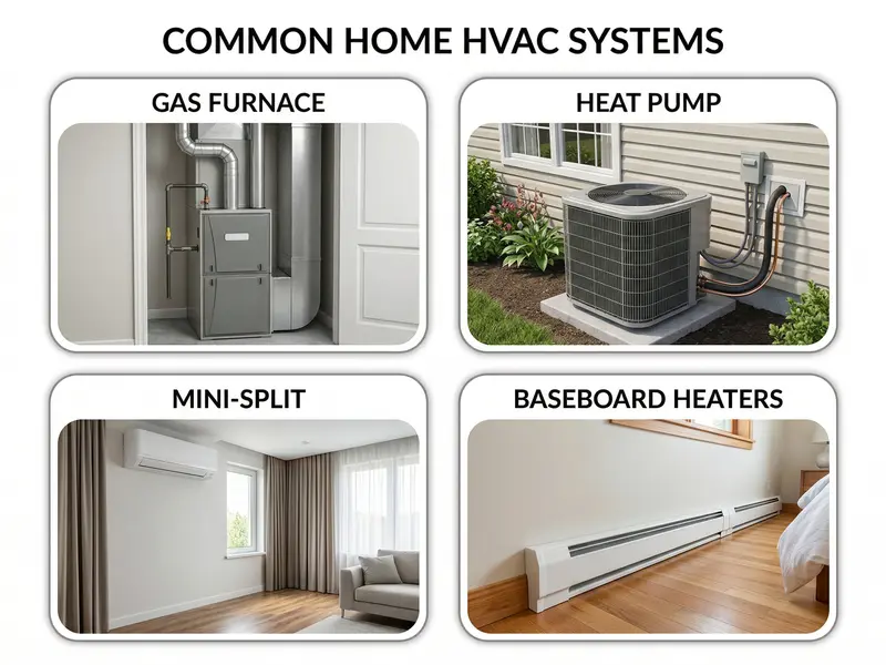 Common HVAC systems: gas furnace, heat pump, mini-split, baseboard heaters