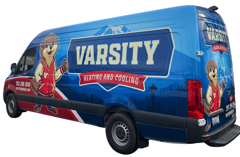 Varsity Heating and Cooling wrapped service truck in Federal Way, WA